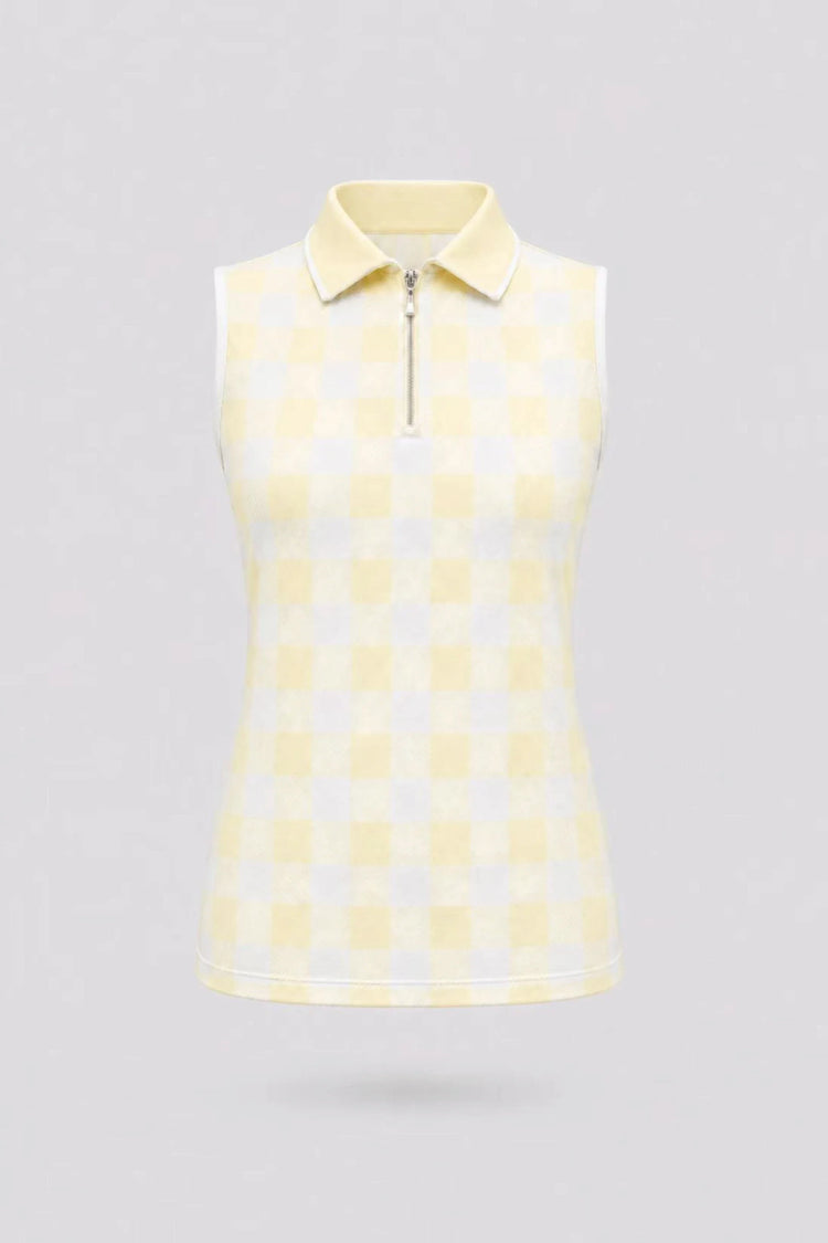 Women’s sleeveless zip neck golf polo in yellow gingham with breathable stretch fabric and UV protection front view